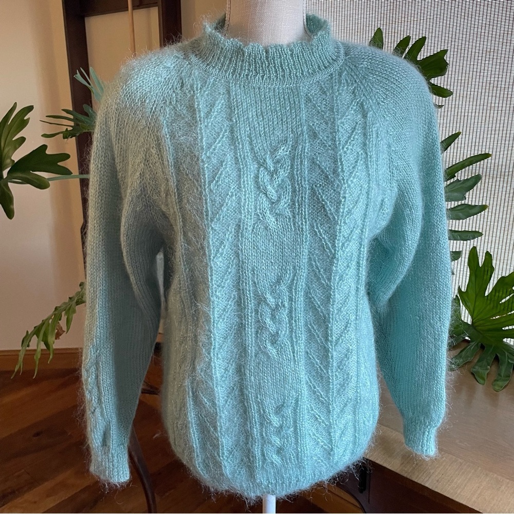 Vintage Light Teal Blue Cable Knit Mohair Blend Mock Neck Sweater size M